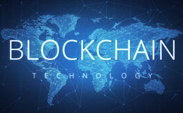 Blockchain technology futuristic hud banner. Blockchain technology wording on futuristic hud background with polygon world map and blockchain peer to peer network. Network, e-business and global cryptocurrency blockchain business banner concept.